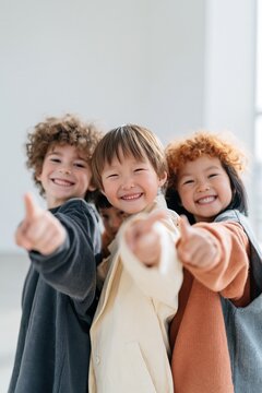 Cheerful diverse group of children smiling and pointing at camera for kids background and educational friendship scene with bright natural light