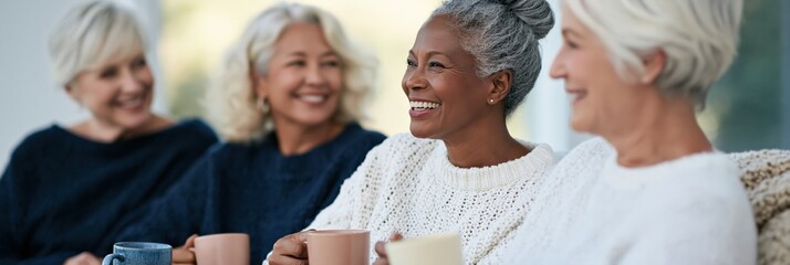 Fototapeta premium Group of senior women smiling and holding mugs in a cozy conversation circle background for lifestyle and community wellbeing scenes