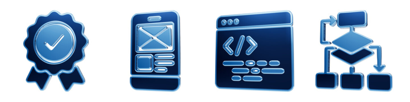 Set of blue glossy software development icons including certification badge mobile UI wireframe and coding window