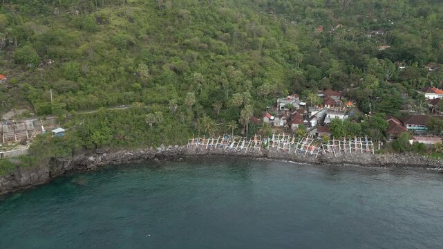 Sleepy Indonesian Coastal Village Lipah Beach Amed Bali Drone Track Right Over Bay 4K 60FPS