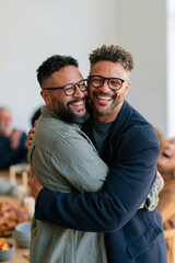 Obraz premium Two men hugging and laughing at a friendly gathering warm affectionate reunion moment for inclusive background