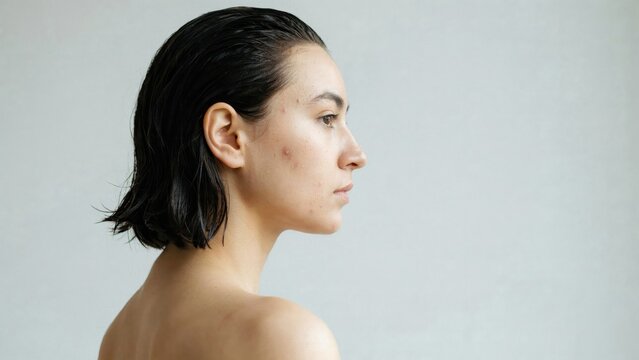 Profile portrait of young woman with wet dark hair showing natural skin texture and facial acne against plain grey wall