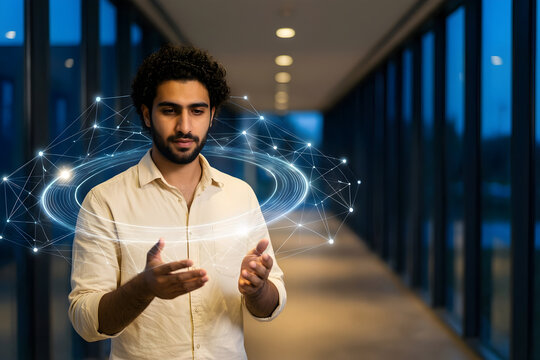 Fictional Middle Eastern man professional in his late twenties with curly hair and a cream shirt in a contemporary architectural corridor at blue hour, activating a restrained cloud of connected