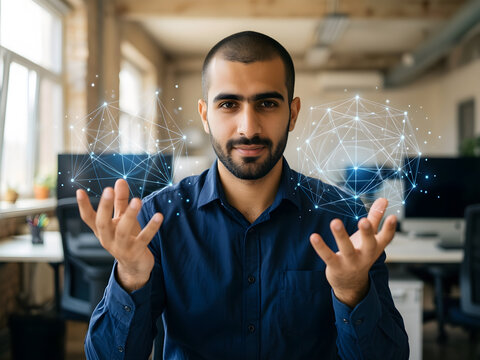 Fictional Middle Eastern man professional in his mid thirties with close-cropped hair and a navy overshirt in a sunlit flexible workplace, comparing two well-separated clusters of translucent data