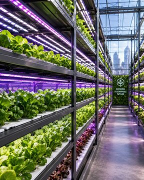 Indoor vertical farm with rows of leafy green plants growing under purple LED lights in a modern greenhouse with a city skyline in the background.