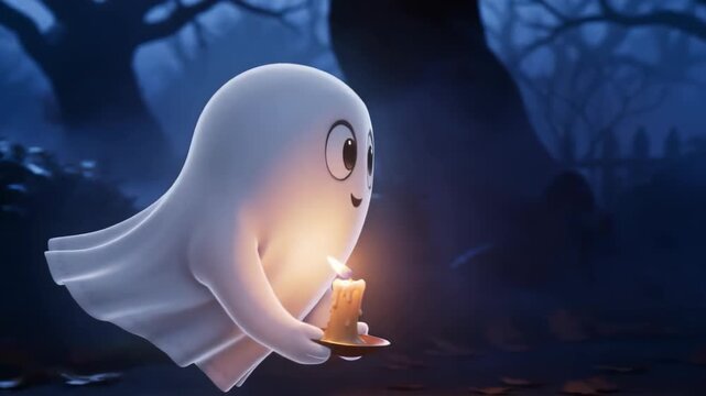 Happy Halloween greeting with a cute cartoon ghost lighting a glowing Jack-o'-lantern in a spooky, misty graveyard at night, ideal for holiday celebrations and autumn themes.