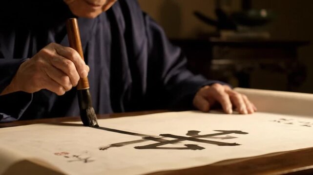 Elderly man practicing traditional Chinese calligraphy with ink brush on paper in quiet studio