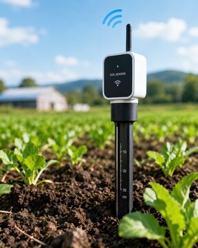 A smart soil sensor measures moisture and transmits data wirelessly from a cultivated field with green plants and a blurred farmhouse in the background.