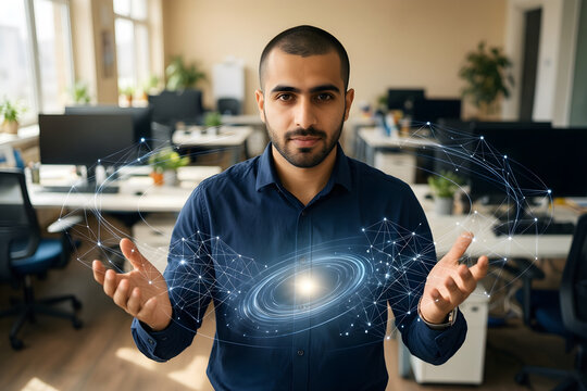 Fictional Middle Eastern man professional in his mid thirties with close-cropped hair and a navy overshirt in a sunlit flexible workplace, comparing two well-separated clusters of translucent data