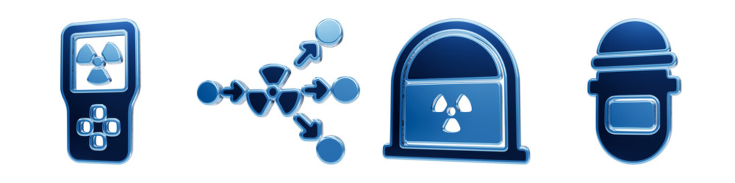 Set of 3D glass icons representing nuclear monitoring technology on a transparent background