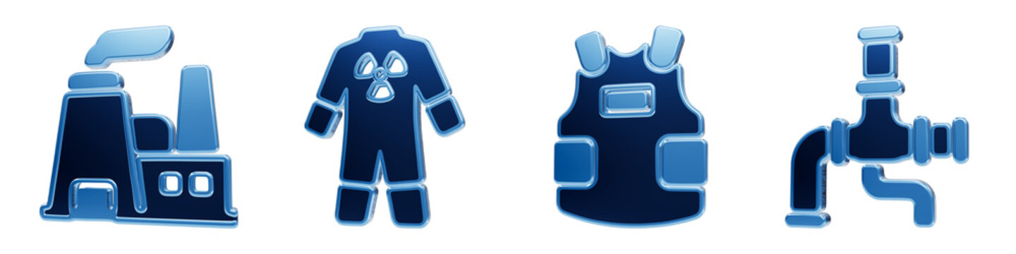 Protective equipment and nuclear power facility icons depicted in glossy blue glass style