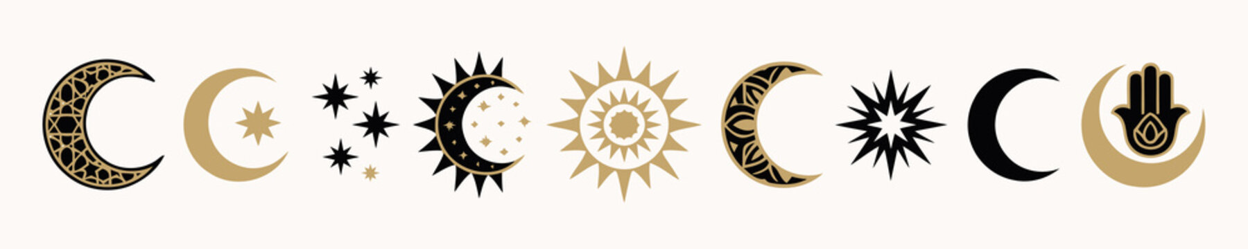 Celestial sun and moon icons set with stars and hamsa hand symbol in boho style