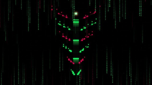 Abstract digital background with falling binary code and glowing geometric structure in green and red colors