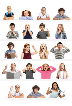 Expressive student portrait collection shows diverse teenage emotions. Concept of adolescent wellbeing, school communication, emotional intelligence, student support, learning, and youth psychology.