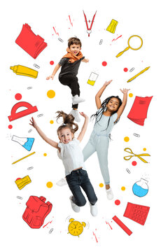 Playful children jump among floating school supplies and stationery. Concept of school shopping, learning motivation, first day excitement, childhood creativity, and education.