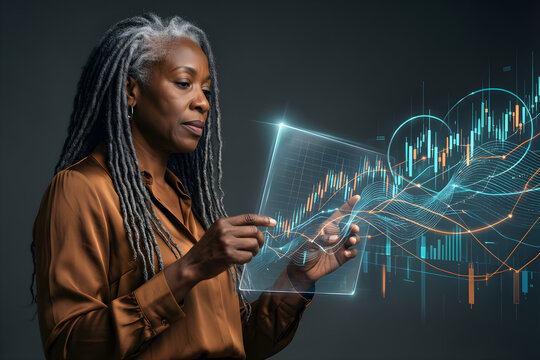 Fictional Black woman professional in her late fifties with gray locs and a bronze blouse evaluating financial risk beside branching data paths and a clear protective boundary of light; face and hands