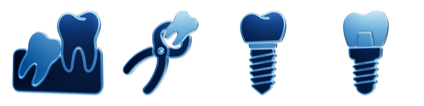 Dental anatomy and surgical tools blue metallic icon set for wisdom tooth extraction and implant procedure