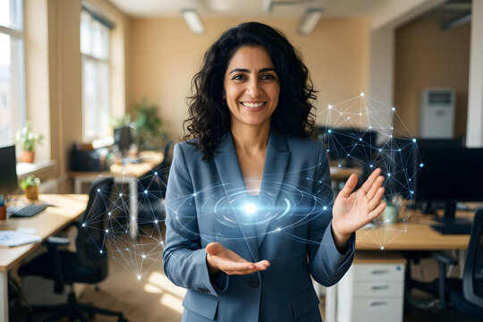 Fictional Middle Eastern woman professional in her early forties with wavy dark hair and a slate-blue suit in a sunlit flexible workplace, comparing two well-separated clusters of translucent data
