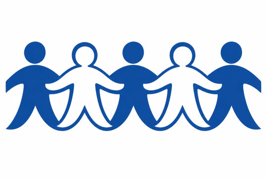 Blue and white paper doll people chain holding hands together