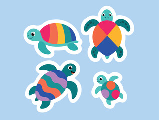 Fototapeta premium Four Cute Colorful Sea Turtle Stickers on Light Blue Background