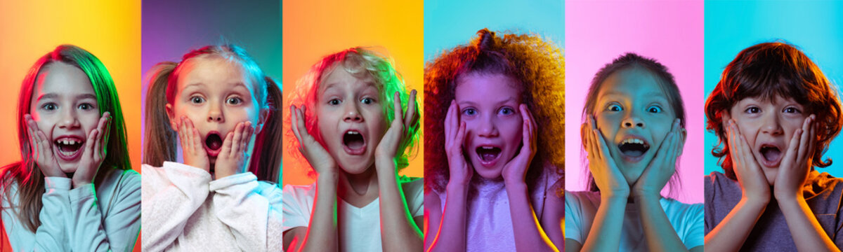 Surprised teenagers react in colorful pop art portrait sequence. Concept of school news, emotional reactions, youth communication, curiosity, discovery, and engaging education.