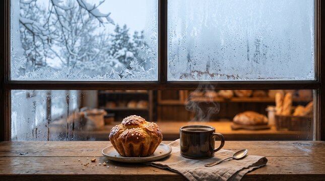 Cozy winter morning scene with a steaming cup of coffee and fresh brioche pastry on a rustic wooden windowsill overlooking snowy landscape