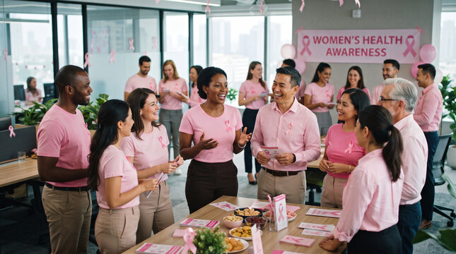 Business team participating in women&rsquo;s health awareness day, Pink October Breast Cancer Prevention Awareness
