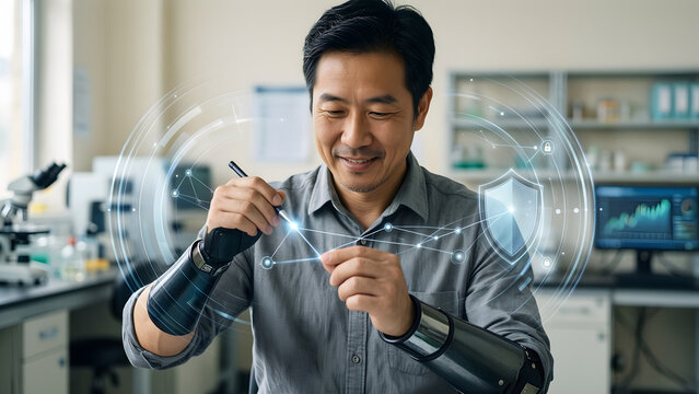 Fictional East Asian man professional in his late forties with a below-elbow prosthetic forearm and a warm gray shirt in a clean research environment, tracing a luminous connection between two data