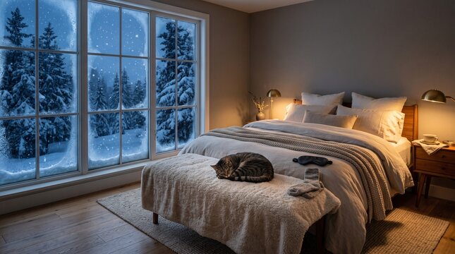 Cozy bedroom interior with sleeping tabby cat, warm bedside lamps, and frosted window view of snowy pine forest in winter