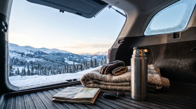 Cozy winter road trip scene with a thermos, warm blanket, gloves, and a map in the open trunk of an SUV overlooking snowy mountains