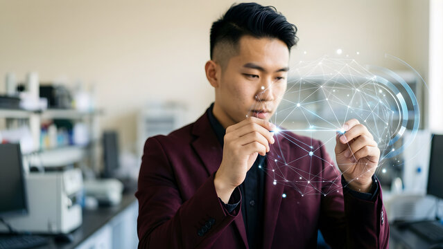 Fictional East Asian nonbinary professional in their late thirties with an undercut and a dark maroon suit in a clean research environment, tracing a luminous connection between two data points