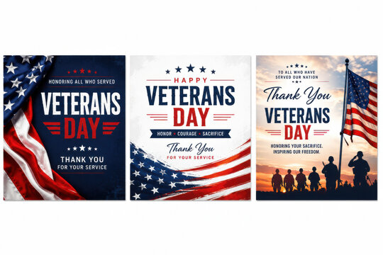 Set of three Veterans Day cards with American flag and soldier silhouettes