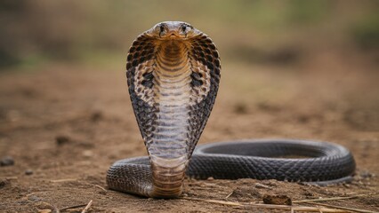 Fototapeta premium King cobra rearing with expanded hood on dirt ground, frontal close-up portrait showing scales and threat display