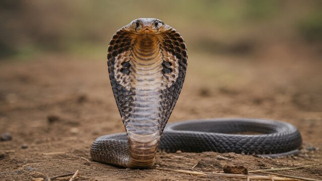 King cobra rearing with expanded hood on dirt ground, frontal close-up portrait showing scales and threat display