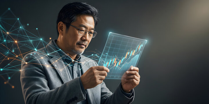 Fictional East Asian man professional in his early sixties wearing plain eyeglasses and a soft gray jacket evaluating financial risk beside branching data paths and a clear protective boundary