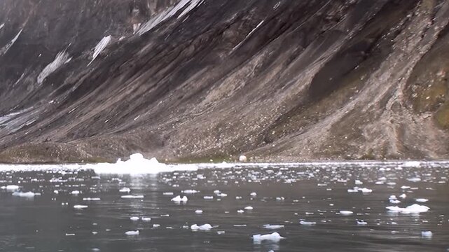 Enormous chunk of ancient ice dramatically breaks free from steep Arctic cliff. It plunges into shimmering Ocean below, creating powerful burst of spray amidst countless floating ice fragments.