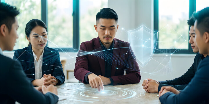 Fictional East Asian nonbinary professional in their late thirties with an undercut and a dark maroon suit at a pale stone collaboration table, guiding a flowing data pathway with one relaxed hand