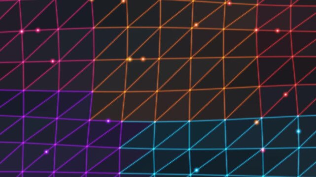 Glowing neon low poly grid animation with colorful plexus network connection lines and dots