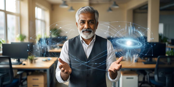 Fictional South Asian man professional in his late sixties with a silver beard and a charcoal waistcoat in a sunlit flexible workplace, comparing two well-separated clusters of translucent data