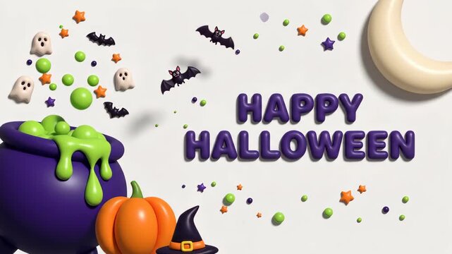 Happy Halloween greeting with animated 3D cartoon elements: a bubbling cauldron, flying bats, cute ghosts, pumpkins, and witch hat on a clean white background, perfect for festive holiday promotions.