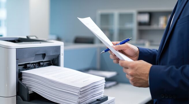 Lawyer hands in navy suit reviewing printed document with a blue pen. Stack of papers on an office printer tray. Business contract and legal administration concept