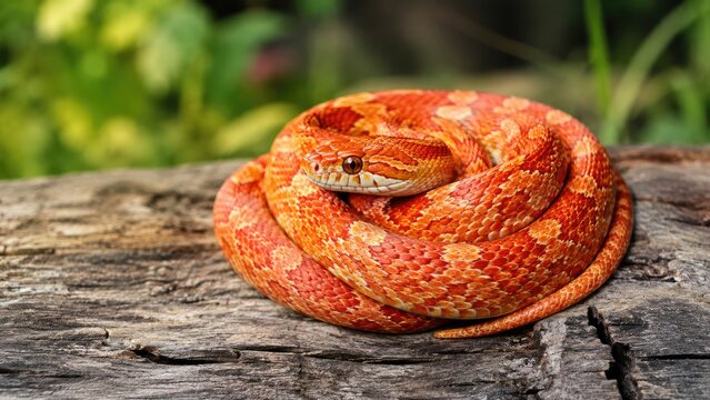 Bright orange corn snake coiled on a weathered log with detailed scales and a soft green blurred background