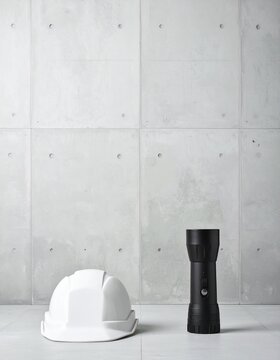 White safety helmet and black flashlight against a plain grey concrete wall
