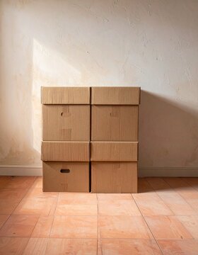 Stack of plain cardboard boxes of relief supplies against a warm cream wall