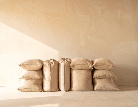 Row of plain sandbags stacked as a low flood barrier against a warm wall