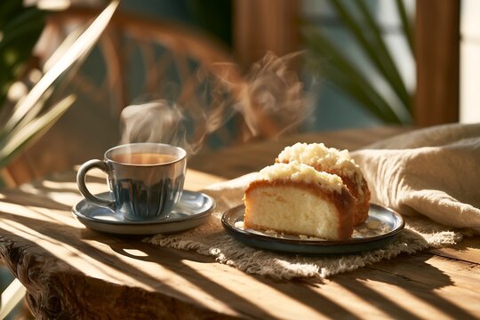 Rustic fika concept with steaming coffee and cake in cozy morning light
