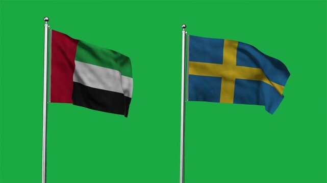 United Arab Emirates  and Sweden Waving Flags, 3D Illustration