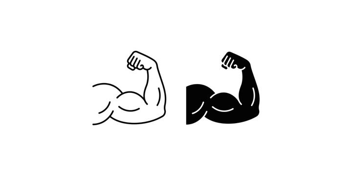 Bicep muscle arm icon set in black and white styles for gym and fitness motivation.