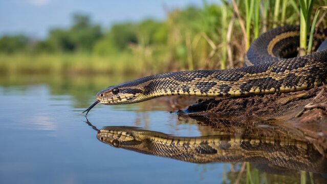 Close-up of a patterned snake drinking at a calm riverbank, tongue flicking with its reflection mirrored in the water