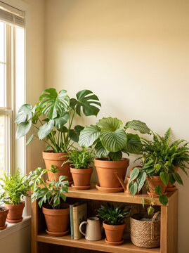 Collection of potted houseplants in terracotta pots on a sunny windowsill